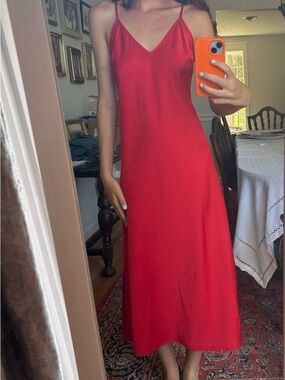 Red Slip Midi Dress with V-Neck